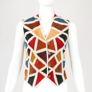 Vintage Suede Crochet Patchwork Vest Sz S